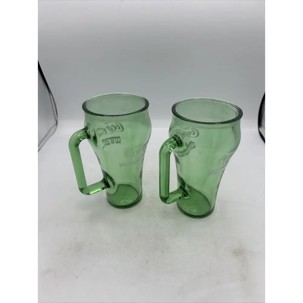 2 Vintage 1980's Coca-Cola Cowboy Whataburger Green Glass Handled Mugs
